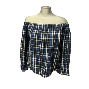 Cloth & Stone off the shoulder blue plaid long sleeve top medium